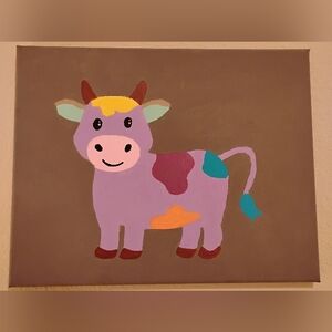 cow artwork size 14X11 Purple Yellow Pink Green Hand Painted